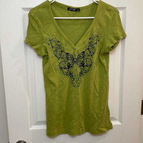 •APT. 9• embellished green henley-style tee // butterfly // sparkle studs - Picture 2 of 13